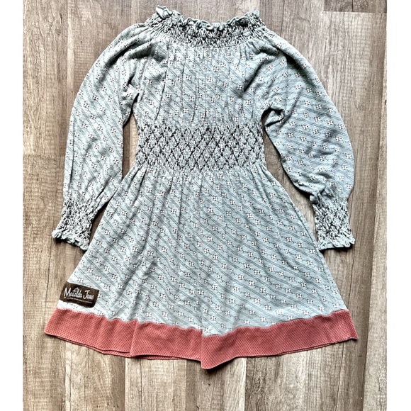 Matilda Jane Bristol Peasant Dress Smocked Waist/Cuffs Girl’s Sz-6 EUC Gray/Blue - Picture 1 of 11
